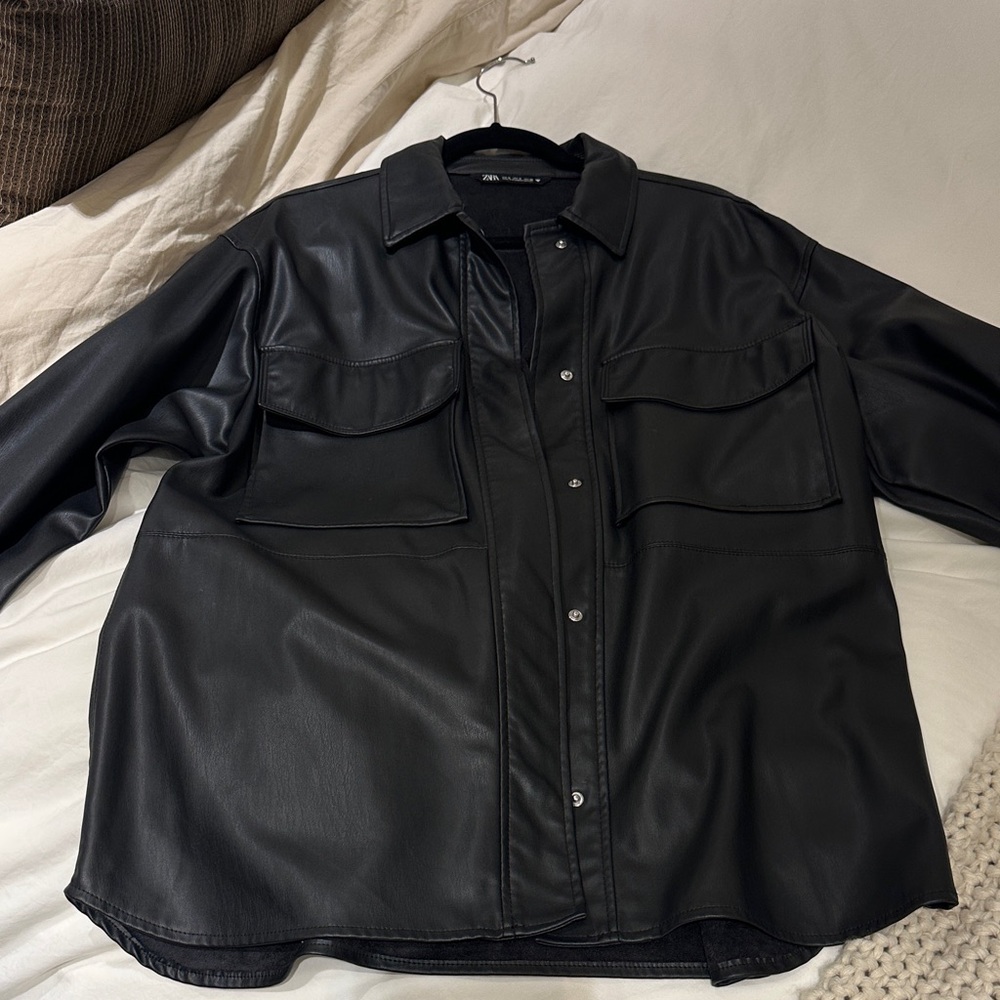 Zara Black Shacket Faux leather  Jacket